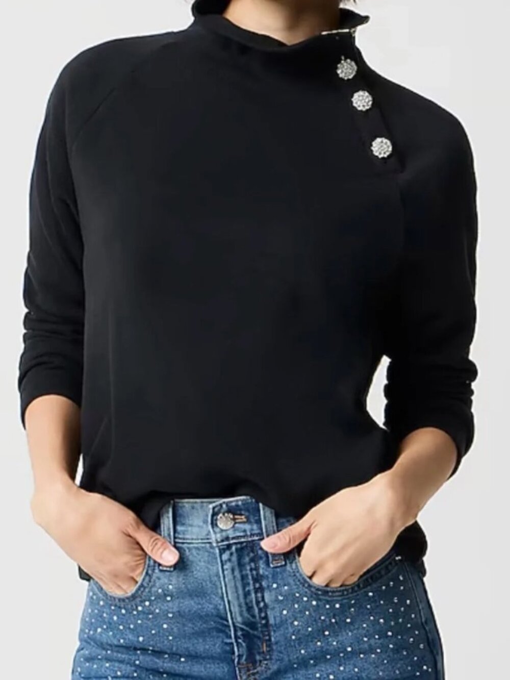 J.Crew Women’s Jewel-Button Mock neck Pullover Black - medium